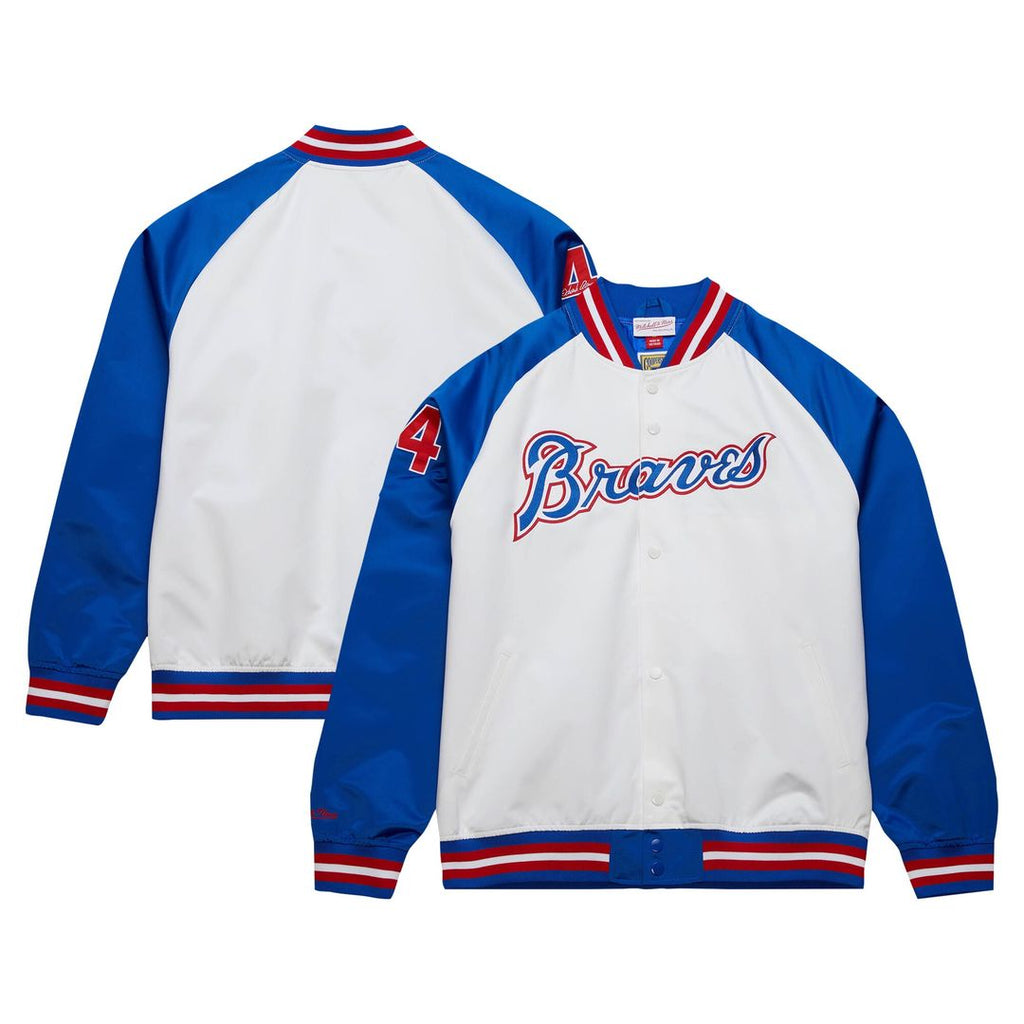 Atlanta Braves Hank Aaron Mitchell & Ness Cooperstown Legends Lightweight Satin Raglan Full - Snap Jacket - White/Royal