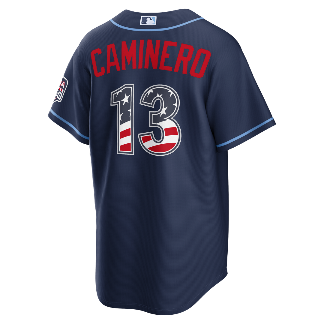Tampa Bay Rays Junior Caminero Nike USA 250 Fourth of July Road Stadium Jersey - Navy
