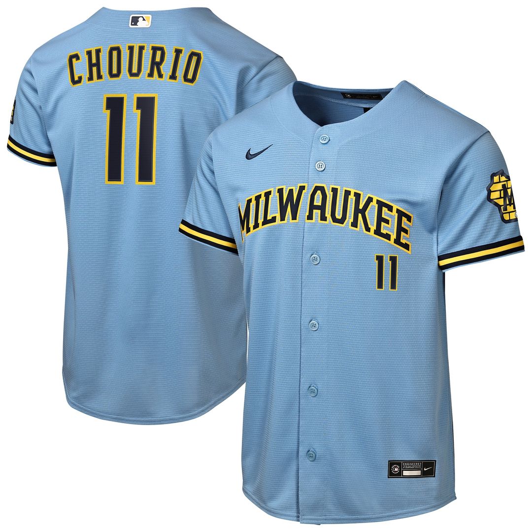 Milwaukee Brewers Jackson Chourio Nike Youth Road Stadium Jersey - Powder Blue