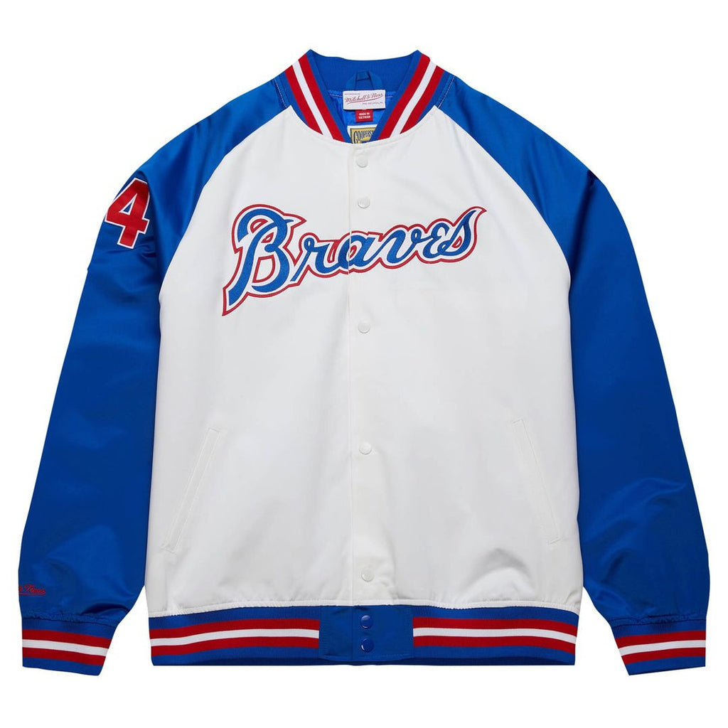 Atlanta Braves Hank Aaron Mitchell & Ness Cooperstown Legends Lightweight Satin Raglan Full - Snap Jacket - White/Royal
