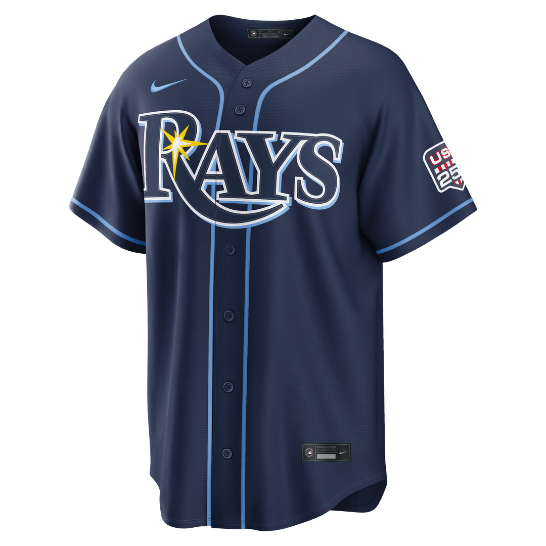 Tampa Bay Rays Junior Caminero Nike USA 250 Fourth of July Road Stadium Jersey - Navy